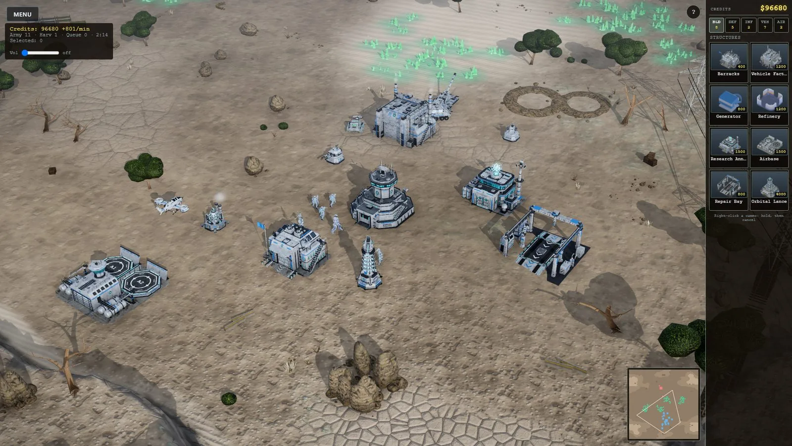 A Harrowfall base with buildings, crystal fields and the build menu