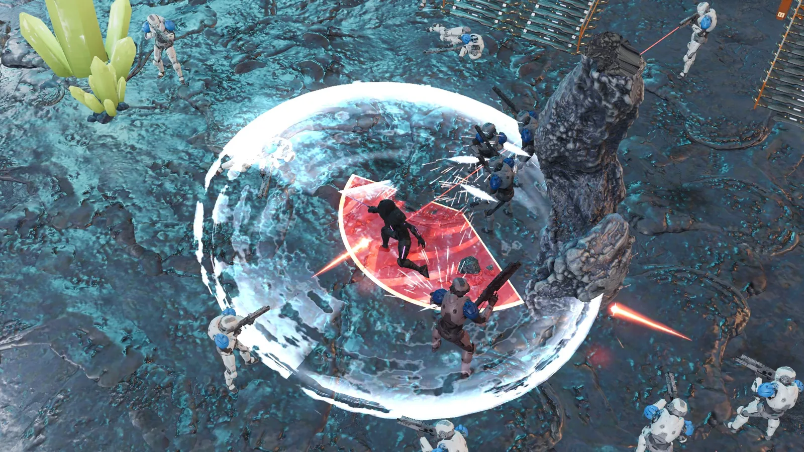 Hush Money combat: a freelancer cuts down soldiers in a red sweep