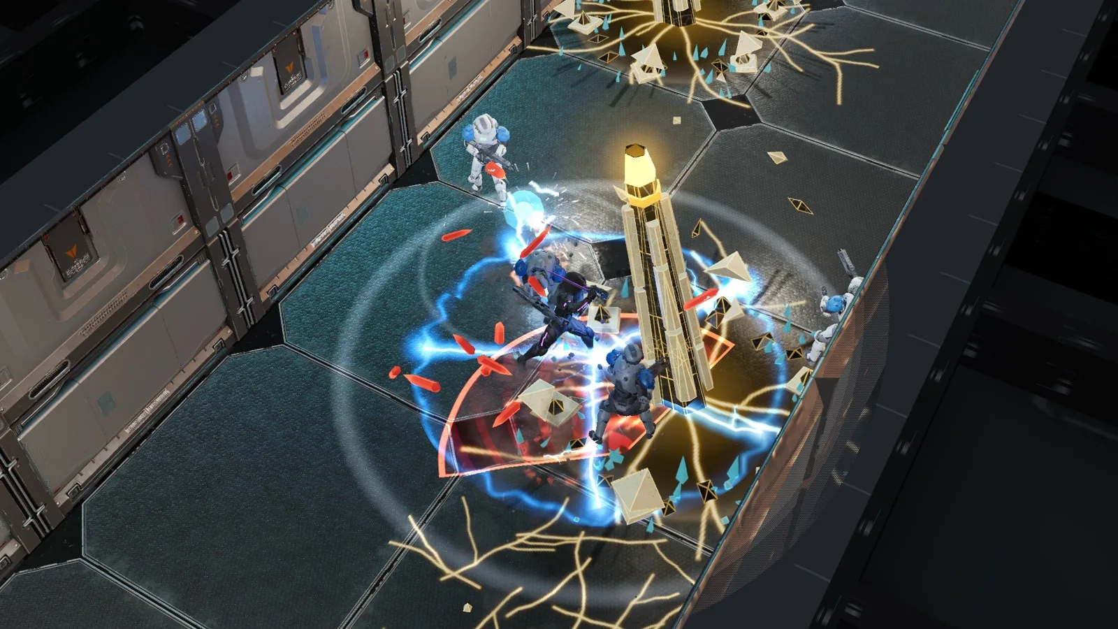 Hush Money combat in an industrial corridor with lightning and crystal shards