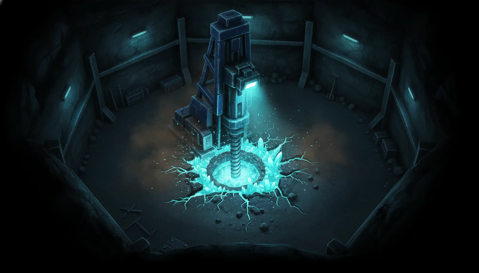 Concept art of a drill rig cracking open a crystal vein